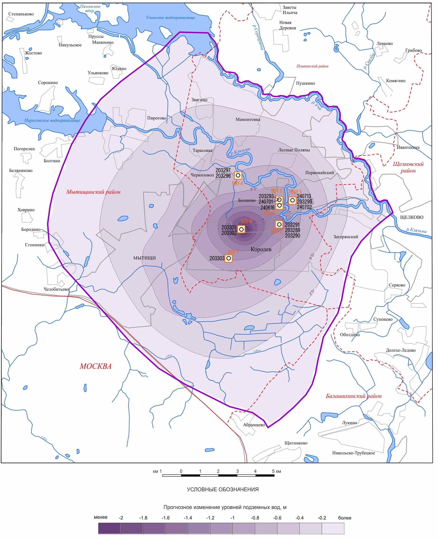 Модельная карта прогнозных изменений уровней подземных вод